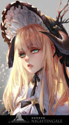 Rule 34 | 1girl, arknights, black hat, blonde hair, bonnet, bow, character name, chin strap, clothing request, commentary request, green eyes, grey background, hat, highres, horns, long hair, looking at viewer, nightingale (an elegy) (arknights), nightingale (arknights), official alternate costume, portrait, simple background, solo, sparkle, sparks, tagme, train hb