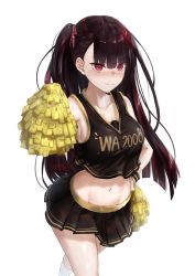 Rule 34 | 1girl, blush, breasts, chaciooh, cheerleader, clothes writing, collarbone, commentary request, crop top, girls&#039; frontline, hair ribbon, half updo, hand on own hip, highres, kneehighs, large breasts, long hair, looking at viewer, midriff, navel, one side up, pleated skirt, pom pom (cheerleading), purple hair, red eyes, red ribbon, resolution mismatch, revision, ribbon, sidelocks, signature, simple background, skirt, sleeveless, socks, solo, source larger, standing, very long hair, wa2000 (girls&#039; frontline), white background, white socks, wristband
