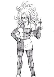 Rule 34 | 1girl, android 21, breasts, dragon ball, dragon ball fighterz, dress, female focus, glasses, highres, long hair, looking at viewer, monochrome, simple background, smile, standing, young jijii