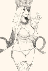 Rule 34 | 1girl, bare shoulders, bead necklace, beads, bikini, breasts, bridal gauntlets, cleavage, detached sleeves, earrings, fate/grand order, fate (series), gonoike biwa, greyscale, hair between eyes, hat, hoop earrings, jewelry, large breasts, long hair, looking at viewer, monochrome, navel, necklace, open mouth, prayer beads, smile, solo, swimsuit, thighhighs, thighs, veil, xuangzang sanzang (fate)
