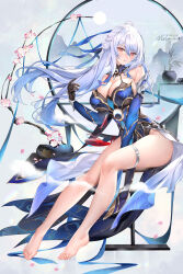 Rule 34 | 1girl, bare shoulders, barefoot, black gloves, blue dress, blue sleeves, breasts, chinese clothes, detached sleeves, dress, gloves, hair between eyes, high ponytail, highres, honkai: star rail, honkai (series), jingliu (honkai: star rail), large breasts, long hair, looking at viewer, melailai, ponytail, red eyes, solo, thighs, toes, white hair