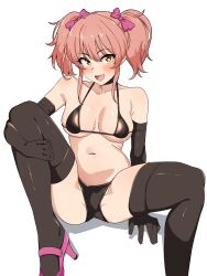 Rule 34 | 1girl, :d, absurdres, bare shoulders, bikini, black bikini, black gloves, black thighhighs, blish, blush, bow, breasts, cleavage, collarbone, elbow gloves, gloves, hair bow, hair ornament, high heels, highres, idolmaster, idolmaster cinderella girls, jougasaki mika, large breasts, long hair, navel, open mouth, pink bow, pink hair, seihekiog, simple background, sitting, smile, stomach, swimsuit, thighhighs, thighs, twintails, underboob, white background, yellow eyes