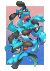 Rule 34 | absurdres, border, collar, commentary request, creatures (company), fang, game freak, gen 4 pokemon, gradient background, hand up, highres, nintendo, no humans, nullma, open mouth, outside border, pokemon, pokemon (creature), purple eyes, red eyes, riolu, signature, tongue, white border