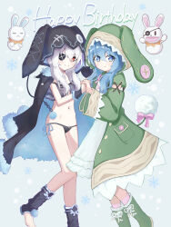Rule 34 | 2girls, animal ear hood, babydoll, black babydoll, black coat, black footwear, black panties, blue background, blue eyes, blue hair, boots, bow, buttons, closed mouth, coat, commentary request, cross-laced footwear, dark persona, date a live, detached sleeves, dress, dual persona, eyepatch, fake animal ears, fake tail, foot out of frame, green coat, green footwear, grey hair, hair between eyes, hand puppet, happy birthday, highres, holding hands, hood, lace-up boots, looking at viewer, multiple girls, navel, orange eyes, panties, partial commentary, patch, pink bow, pink socks, pom pom (clothes), puppet, simple background, smile, snowflake background, socks, standing, standing on one leg, tail, toeless footwear, underwear, utakise315, white dress, wide sleeves, yoshino (date a live), yoshinon