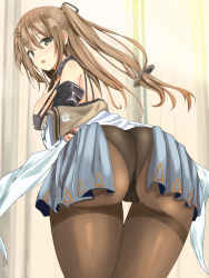 Rule 34 | 1girl, artist request, ass, bare shoulders, blush, breasts, brown hair, from behind, girls&#039; frontline, green eyes, highres, huge ass, k2 (girls&#039; frontline), large breasts, leaning, leaning forward, long hair, looking at viewer, looking back, open mouth, panties, panties under pantyhose, pantyhose, shiny skin, showgirl skirt, sideboob, skirt, solo, twintails, underwear, wide hips