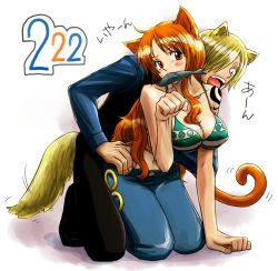 Rule 34 | 1boy, 1girl, all fours, animal ears, bad id, bad pixiv id, bikini, bikini top only, blonde hair, blush, blush stickers, breasts, cat ears, cat tail, cleavage, couple, denim, dog ears, dog tail, fang, fish, hair over one eye, jeans, large breasts, midriff, mouth hold, nami (one piece), navel, one piece, open mouth, orange hair, pants, paw pose, red eyes, sanji (one piece), swimsuit, tail, tattoo, yamadaenako