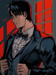 Rule 34 | 1boy, artist name, black bow, black bowtie, black eyes, black hair, black jacket, black vest, bow, bowtie, closed mouth, collared shirt, dated, expressionless, formal, jacket, kaiji, long sleeves, looking at viewer, male focus, medium bangs, murakami tamotsu, shirt, short hair, solo, suit, unknown03162, upper body, vest, white shirt, window