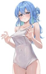 Rule 34 | 1girl, adjusting clothes, adjusting swimsuit, aqua hair, armpit crease, blue eyes, blue hair, blue nails, blush, cameltoe, closed mouth, clothes pull, collarbone, colored inner hair, commentary request, convenient hand, covered navel, cowboy shot, eyelashes, flat chest, gluteal fold, hair between eyes, hair ribbon, hands up, highres, hololive, hoshimachi suisei, long hair, looking at viewer, multicolored hair, nail polish, one-piece swimsuit, otsu hai18, ribbon, school swimsuit, shadow, shiny clothes, shiny skin, sidelocks, simple background, solo, standing, star (symbol), star in eye, swimsuit, symbol in eye, thighs, virtual youtuber, wet, white background, white one-piece swimsuit, white ribbon