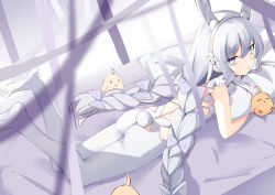 Rule 34 | 1girl, absurdres, animal ear fluff, animal ears, ass, azur lane, bed, bird, braid, chick, feet, grey eyes, hairband, haruteru, highres, le malin (azur lane), le malin (listless lapin) (azur lane), legs, legs up, long hair, lying, manjuu (azur lane), official alternate costume, on stomach, pantyhose, pillow, pout, rabbit girl, rabbit tail, silver hair, soles, tail, tears, thighs, toes, twin braids, twintails, very long hair, white pantyhose