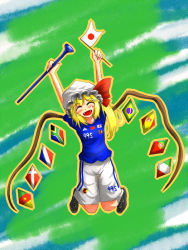 Rule 34 | 10s, 1girl, 2010, 2010 fifa world cup, alternate wings, blush, clothes writing, female focus, flag, flandre scarlet, french flag, hat, holding, horn (instrument), italian flag, japanese flag, jumping, open mouth, ponytail, portuguese flag, smile, soccer, soccer uniform, solo, south african flag, sportswear, taihentai, touhou, vuvuzela, wings, world cup