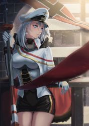 Rule 34 | 1girl, aiguillette, azur lane, black shirt, black skirt, blue eyes, breasts, cape, collared jacket, cross, cross earrings, earrings, elbow rest, facing viewer, flag, fur-trimmed cape, fur trim, german flag, german text, gloves, hair between eyes, hat, highres, holding, holding pole, jacket, jewelry, large breasts, looking to the side, military, military uniform, parted lips, peaked cap, pencil skirt, pole, railing, shirt, short hair, sidelocks, silver hair, skirt, smile, snow, snowing, solo, thighs, tirpitz (azur lane), tsurime, underbust, uniform, white gloves, white jacket, wind, you ni ge shaobing