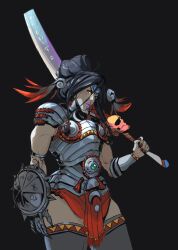 Rule 34 | 1girl, absurdres, arm shield, armor, biceps, black hair, cuisses, earrings, forehead protector, gauntlet, gauntlets, hades (series), hades 2, hair bun, highres, hoop earrings, jewelry, leg armor, lipstick, looking at viewer, makeup, muscular, muscular arms, muscular female, nail polish, nemesis (hades), purple lips, red nails, shoulder armor, solo, sword, weapon, yellow eyes