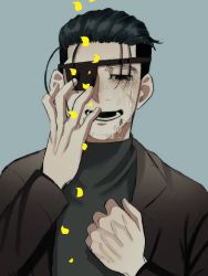 Rule 34 | 1boy, alternate costume, black eyes, black hair, crying, crying with eyes open, eyepatch, facial hair, facial scar, goatee, golden kamuy, hair slicked back, hair strand, hand up, male focus, ogata hyakunosuke, petals, ri (ri kaos21), scar, scar on cheek, scar on face, short hair, solo, stitches, stubble, tears, undercut, upper body, winter clothes