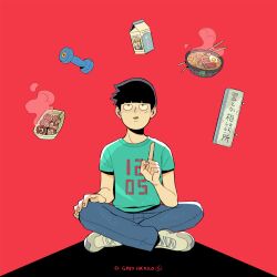 Rule 34 | 1boy, animated, animated gif, artist name, black hair, bowl, bowl cut, chopsticks, commentary, denim, dumbbell, ekubo (mob psycho 100), english commentary, floating, floating object, food, full body, gatoiberico, green shirt, highres, indian style, jeans, kageyama shigeo, levitation, looking up, male focus, milk carton, mob psycho 100, noodles, open mouth, pants, ramen, red background, shirt, shoes, short hair, short sleeves, sign, simple background, sitting, sneakers, solo, t-shirt, takoyaki