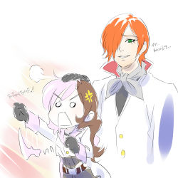 Rule 34 | 1boy, 1girl, anger vein, angry, ascot, blank eyes, coat, gloves, green eyes, hair over one eye, hand on another&#039;s head, height difference, iesupa, jewelry, multicolored eyes, multicolored hair, necklace, neo politan, roman torchwick, rwby, split-color hair, translation request, upper body