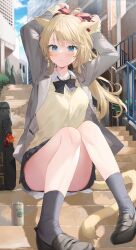 Rule 34 | 1girl, animal ears, arms up, black bow, black bowtie, black footwear, black skirt, blazer, blonde hair, blue eyes, bow, bowtie, breasts, closed mouth, collared shirt, convenient leg, day, dress shirt, facial mark, final fantasy, final fantasy xiv, grey jacket, grey socks, hair ribbon, highres, jacket, knees together feet apart, knees up, lapels, legs, light blush, loafers, long hair, long sleeves, medium breasts, miqo&#039;te, notched lapels, open clothes, open jacket, outdoors, pleated skirt, ponytail, railing, red ribbon, ribbon, shirt, shoes, sitting, sitting on stairs, skirt, socks, solo, stairs, sweater vest, tail, twitter username, tying hair, whisker markings, white shirt, yana mori