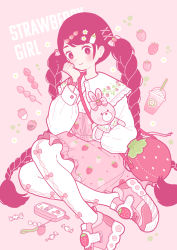 Rule 34 | 1girl, absurdres, bag, blush, bottle hair ornament, bow, braid, candy, cellphone, cellphone charm, charm (object), clothing cutout, collared shirt, cream, cup, disposable cup, dress, drink, english text, flower, food, food-themed clothes, food-themed hair ornament, food print, frilled shirt collar, frills, fruit, hair bow, hair flower, hair ornament, hairclip, hand on own cheek, hand on own face, highres, holding, holding stuffed toy, leg cutout, long hair, long sleeves, original, personification, phone, pinafore dress, pink eyes, pink hair, pink theme, plaid, plaid bow, shirt, shoes, shoulder bag, sitting, sleeveless dress, smile, sneakers, bow legwear, socks, solo, strawberry, strawberry hair ornament, strawberry print, stuffed animal, stuffed rabbit, stuffed toy, swept bangs, twin braids, very long hair, watch, whipped cream, wrapped candy, x hair ornament, yokozuwari, yoshimon