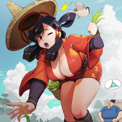 Rule 34 | 1boy, 1girl, aged up, alternate breast size, basket, bird, black eyes, black hair, breasts, cleavage, cloud, commentary request, grass, hair rings, hair tubes, hat, highres, holding, japanese clothes, kimono, korean commentary, large breasts, long hair, long sleeves, loped, one eye closed, open mouth, outdoors, picking up, red kimono, rope, sakuna-hime, straw hat, surprised, tauemon, tensui no sakuna-hime, thought bubble, wardrobe malfunction