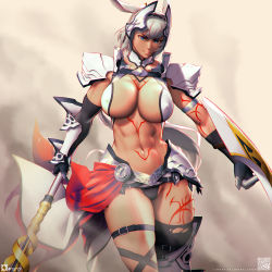Rule 34 | 1girl, abs, animal ears, armor, bikini, black bikini, black gloves, black thighhighs, blue eyes, body markings, breasts, caenis (fate), cape, dark-skinned female, dark skin, elbow gloves, fate/grand order, fate (series), faulds, fog, gloves, grey background, hair intakes, headpiece, highleg, highleg bikini, highres, large breasts, long hair, looking at viewer, navel, orihalchon, parted lips, pauldrons, polearm, ponytail, qr code, red cape, shield, shoulder armor, solo, spear, swimsuit, tattoo, thigh gap, thighhighs, thighs, torn clothes, waist cape, weapon, white hair