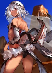 Rule 34 | 10s, 1girl, altera (fate), ass, backless outfit, bandeau, bare shoulders, black panties, blue sky, breasts, dark-skinned female, dark skin, day, detached sleeves, fate/extella, fate/extra, fate/grand order, fate (series), hair between eyes, highres, karlwolf, long hair, looking back, midriff, outdoors, panties, parted lips, red eyes, short hair, silver hair, sky, small breasts, solo, thighs, underwear, veil, wide sleeves