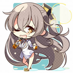 Rule 34 | 1girl, 7:08, alternate costume, blush, blush stickers, bottle, brown legwear, commentary request, cup, full body, girls&#039; frontline, grey hair, hair between eyes, hair ornament, highres, holding, holding bottle, holding cup, long hair, looking at viewer, one eye closed, open mouth, scar, scar across eye, scar on face, shirt, solo, standing, ump45 (girls&#039; frontline), white shirt