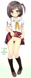 Rule 34 | 10s, 1girl, :o, blue eyes, blush, bow, brown hair, cleft of venus, clothes lift, collarbone, female focus, gradient background, hair bow, hair ornament, hairclip, hard-translated, harukigenia, hentai ouji to warawanai neko., kneehighs, loafers, looking at viewer, no panties, plaid, plaid skirt, pussy, school uniform, shoes, short hair, side ponytail, simple background, skirt, skirt lift, socks, solo, standing, thigh gap, third-party edit, translated, tsutsukakushi tsukiko, uncensored, white background