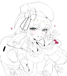 1girl backpack bag banssee beret blue_eyes double_v girls&#039;_frontline girls&#039;_frontline_2:_exilium greyscale hat highres jacket long_hair looking_at_viewer monochrome mr._pizza_(girls&#039;_frontline_2) parted_lips simple_background sketch smile solo spot_color v vepley_(girls&#039;_frontline_2)