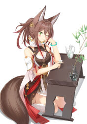 Rule 34 | 1girl, absurdres, animal ears, bare shoulders, blush, bracelet, breasts, brown hair, cleavage, closed mouth, commentary, fox ears, fox girl, fox tail, green eyes, head rest, highres, honkai: star rail, honkai (series), jewelry, looking at viewer, medium breasts, medium hair, one eye closed, ponytail, simple background, sitting, smile, solo, tail, tingyun (honkai: star rail), wariza, white background, yuexiang zhu