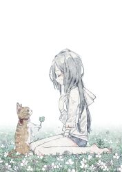 Rule 34 | 1girl, animal, bare legs, barefoot, between legs, black hair, cat, closed eyes, closed mouth, clover, field, flower, four-leaf clover, from side, grass, grey hair, hand on own chest, highres, holding, holding flower, hood, hood down, hoodie, long hair, original, oseto (oxxsexxto), painting (medium), short shorts, shorts, sitting, smile, solo, tears, traditional media, wariza, watercolor (medium), white background, white flower