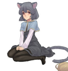 Rule 34 | 1girl, animal ears, black pantyhose, capelet, dress, gem, grey dress, grey hair, jewelry, kuro suto sukii, long sleeves, mouse ears, mouse tail, nazrin, necklace, pantyhose, pendant, red eyes, see-through, sitting, solo, tail, touhou, v arms, wariza