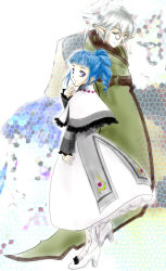 Rule 34 | 1boy, 1girl, ange serena, belt, blue eyes, blue hair, capelet, cloak, dress, frills, green eyes, jewelry, monocle, necklace, orifiel, pointy ears, ponytail, ribbon, shoes, short hair, silver hair, smile, tales of (series), tales of innocence
