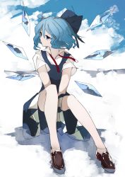 Rule 34 | 1girl, absurdres, ahoge, between legs, blue background, blue dress, blue eyes, blue hair, bow, cirno, commentary request, detached wings, dress, full body, hair bow, hand between legs, highres, huge filesize, ice, ice wings, ikurauni, loose neckwear, neck ribbon, red neckwear, shoes, short hair, short sleeves, sitting, solo, touhou, undone neck ribbon, white background, wings