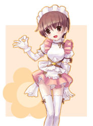 Rule 34 | 1girl, brown eyes, brown hair, dress, flower, gloves, holding, katahira masashi, looking at viewer, maid, maid headdress, open mouth, outline, pink dress, puffy sleeves, short hair, short sleeves, smile, solo, standing, thighhighs, white gloves, white thighhighs, yellow background