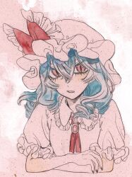 Rule 34 | 1girl, absurdres, ascot, bare arms, black nails, blue hair, bow, cropped torso, crossed arms, curly hair, eraser dust, eyelashes, frilled bow, frilled hat, frilled shirt collar, frilled sleeves, frills, hat, hat bow, highres, kz m i, long hair, looking at viewer, mob cap, parted lips, partially colored, puffy short sleeves, puffy sleeves, red ascot, red bow, red eyes, remilia scarlet, short sleeves, solo, touhou, traditional media, upper body