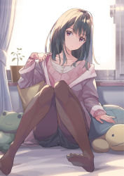 Rule 34 | 1girl, bad id, bad pixiv id, black hair, brown pantyhose, closed mouth, collarbone, curtains, head tilt, indoors, k-me, long hair, long sleeves, looking at viewer, original, pantyhose, pantyhose under shorts, plant, potted plant, red eyes, shorts, sleeves past wrists, solo, stuffed turtle, window