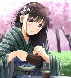 Rule 34 | 1girl, blurry, blurry background, blush, brown eyes, brown hair, cherry blossoms, commentary request, cup, day, depth of field, fingernails, flower, green kimono, green tea, hair flower, hair ornament, head tilt, highres, holding, japanese clothes, kimono, long hair, long sleeves, mole, mole under eye, obi, original, outdoors, parted lips, pink flower, sash, solo, striped clothes, striped kimono, tea, tree, vertical-striped clothes, vertical-striped kimono, white flower, wide sleeves, yukimochi kinako