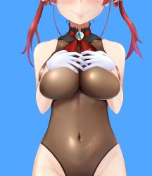 Rule 34 | 1girl, absurdres, arrow through heart, ascot, bare shoulders, blue background, blush, breasts, closed mouth, collarbone, covered navel, covering privates, gem, gloves, groin, hands on own breasts, head out of frame, highleg, highleg leotard, highres, hololive, houshou marine, large breasts, leotard, medium hair, out-of-frame censoring, parody, pink hair, see-through, see-through leotard, see-through silhouette, smile, solo, sweat, tonokawa, twintails, virtual youtuber, wavy mouth, white gloves