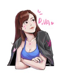 Rule 34 | 1girl, ^^^, artist name, bad id, bad twitter id, black jacket, blue nails, breasts, brown eyes, brown hair, character name, cleavage, closed mouth, clothes writing, collarbone, crossed arms, d.va (overwatch), earrings, eyelashes, facepaint, facial mark, fingernails, heart, highres, ho linlin, jacket, jewelry, letterman jacket, lips, long hair, long sleeves, matching hair/eyes, medium breasts, nail polish, necklace, nose, overwatch, overwatch 1, pink lips, pink nails, sleeveless, smile, solo, spoken heart, tank top, upper body, whisker markings