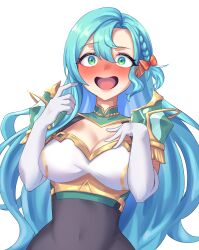 Rule 34 | 1girl, :d, absurdres, aqua hair, armor, blush, bow, braid, breasts, chloe (fire emblem), commentary, covered navel, elbow gloves, fire emblem, fire emblem engage, gloves, green eyes, hair between eyes, hair bow, highres, large breasts, long hair, looking at viewer, nintendo, nose blush, open mouth, orange bow, sher (imnotsher), shoulder armor, simple background, smile, solo, upper body, very long hair, white background, white gloves