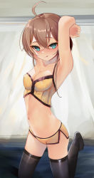 Rule 34 | 1girl, absurdres, ahoge, aqua eyes, armpits, arms up, artist request, blush, breasts, brown hair, camisole, cleavage, collarbone, covered erect nipples, hair between eyes, highres, hololive, indoors, kneeling, looking at viewer, medium breasts, natsuiro matsuri, natsuiro matsuri (matsuri&#039;s day off), navel, rifufu, short shorts, shorts, solo, thighhighs, tongue, tongue out, virtual youtuber