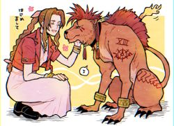 Rule 34 | 1girl, aerith gainsborough, animal, bangle, beads, body markings, boots, border, bracelet, braid, braided ponytail, brown hair, claws, closed eyes, cropped jacket, dress, earrings, facial mark, feather hair ornament, feathers, final fantasy, final fantasy vii, final fantasy vii remake, flame-tipped tail, flower, full body, hair beads, hair ornament, hair ribbon, hand on own knee, ico (mori), jacket, jewelry, long dress, long hair, musical note, open mouth, orange fur, parted bangs, petting, pink dress, pink ribbon, red hair, red jacket, red xiii, ribbon, short sleeves, sidelocks, sitting, smile, spoken musical note, squatting, yellow background