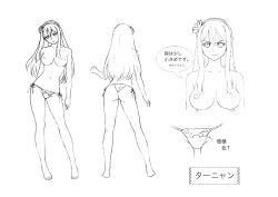 Rule 34 | 10s, 1girl, absurdres, ass, bare legs, barefoot, breasts, character sheet, close-up, female focus, hair ornament, hairband, highres, large breasts, long hair, monochrome, multiple views, navel, nipples, official art, panties, panties only, queen&#039;s blade, queen&#039;s blade rebellion, side-tie panties, skin tight, skindentation, solo, tarnyang (queen&#039;s blade), thong, topless, translation request, underwear, white background