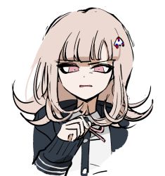 Rule 34 | 1girl, alternate breast size, blouse, brown hair, collared shirt, danganronpa (series), danganronpa 2: goodbye despair, disgust, female focus, flipped hair, galaga, grey shirt, hair ornament, jacket, long hair, long sleeves, looking at viewer, nanami chiaki, no (xpxz7347), open clothes, open jacket, pink eyes, portrait, shirt, simple background, sleeves past wrists, solo, white background