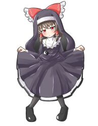 Rule 34 | 1girl, alternate costume, black dress, black footwear, blush, bow, brown hair, commentary, dress, frilled bow, frilled hair tubes, frills, habit, hair bow, hair tubes, hakurei reimu, highres, jewelry, long hair, long sleeves, looking at viewer, nun, pendant, red bow, red eyes, simple background, skirt hold, solo, touhou, white background, yin yang, zenji029