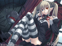 Rule 34 | 1girl, apple, armchair, bridal gauntlets, chair, crossed legs, demon girl, elf, food, fruit, gagraphic, goth fashion, grin, hagure keg, heterochromia, horns, panties, pantyshot, patterned legwear, pointy ears, sitting, smile, solo, striped clothes, striped thighhighs, thighhighs, twintails, two-tone stripes, underwear