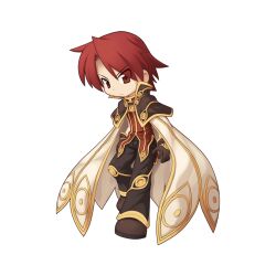 Rule 34 | 1boy, black pants, brown capelet, brown footwear, brown gloves, cape, capelet, chibi, closed mouth, frown, full body, gloves, gold trim, long bangs, male focus, official art, pants, ragnarok online, red eyes, red hair, red shirt, shirt, shoes, simple background, solo, staff, standing, tachi-e, transparent background, v-shaped eyebrows, white cape, wizard (ragnarok online), yuichirou