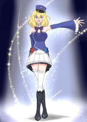 Rule 34 | 1girl, absurdres, adapted costume, arm behind back, bc freedom (emblem), black footwear, blonde hair, blouse, blue bow, blue bowtie, blue eyes, blue hat, blue shirt, blue sleeves, boots, bow, bowtie, collar, commentary request, crossed legs, detached collar, detached sleeves, diagonal-striped bow, diagonal-striped bowtie, diagonal-striped clothes, diagonal-striped neckwear, double horizontal stripe, emblem, frilled skirt, frilled sleeves, frilled thighhighs, frills, full body, girls und panzer, hat, high collar, highres, kepi, knee boots, looking at viewer, medium hair, messy hair, military hat, miniskirt, open mouth, oshida (girls und panzer), outstretched arm, partial commentary, pleated skirt, red bow, shibainutank, shirt, skirt, smile, solo, sparkle, standing, strapless, striped bow, striped bowtie, striped clothes, striped neckwear, thighhighs, tilted headwear, watson cross, white collar, white skirt, white thighhighs
