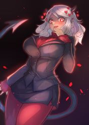 Rule 34 | 1girl, black horns, black skirt, black suit, blush, breasts, commentary, dark background, demon girl, demon horns, demon tail, formal, from below, heart, heart-shaped pupils, helltaker, highres, horns, large breasts, long sleeves, looking at viewer, medium hair, modeus (helltaker), ohako (ohako1818), open mouth, pantyhose, pencil skirt, red eyes, red sweater, ribbed sweater, simple background, skirt, solo, suit, sweater, symbol-shaped pupils, tail, turtleneck, white hair