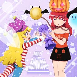 Rule 34 | 2girls, :d, ^ ^, alternate costume, american flag dress, american flag legwear, ass, bare legs, bare shoulders, blonde hair, breasts, cleavage, closed eyes, clothes writing, clownpiece, collarbone, dress, fang, halloween, happy, happy halloween, hat, hecatia lapislazuli, highres, jack-o&#039;-lantern, jester cap, long hair, long sleeves, medium breasts, miniskirt, multiple girls, neck ruff, off shoulder, open mouth, pantyhose, red eyes, red hair, shirosato, shirt, short dress, skirt, small breasts, smile, striped clothes, striped pantyhose, t-shirt, touhou, very long hair, wavy hair