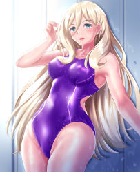 Rule 34 | 1girl, alternate costume, blonde hair, blue eyes, blush, breasts, competition swimsuit, hair between eyes, kantai collection, large breasts, long hair, looking at viewer, mole, mole under eye, mole under mouth, one-piece swimsuit, open mouth, purple one-piece swimsuit, richelieu (kancolle), smile, solo, swimsuit, wet, wet clothes, zanntetu